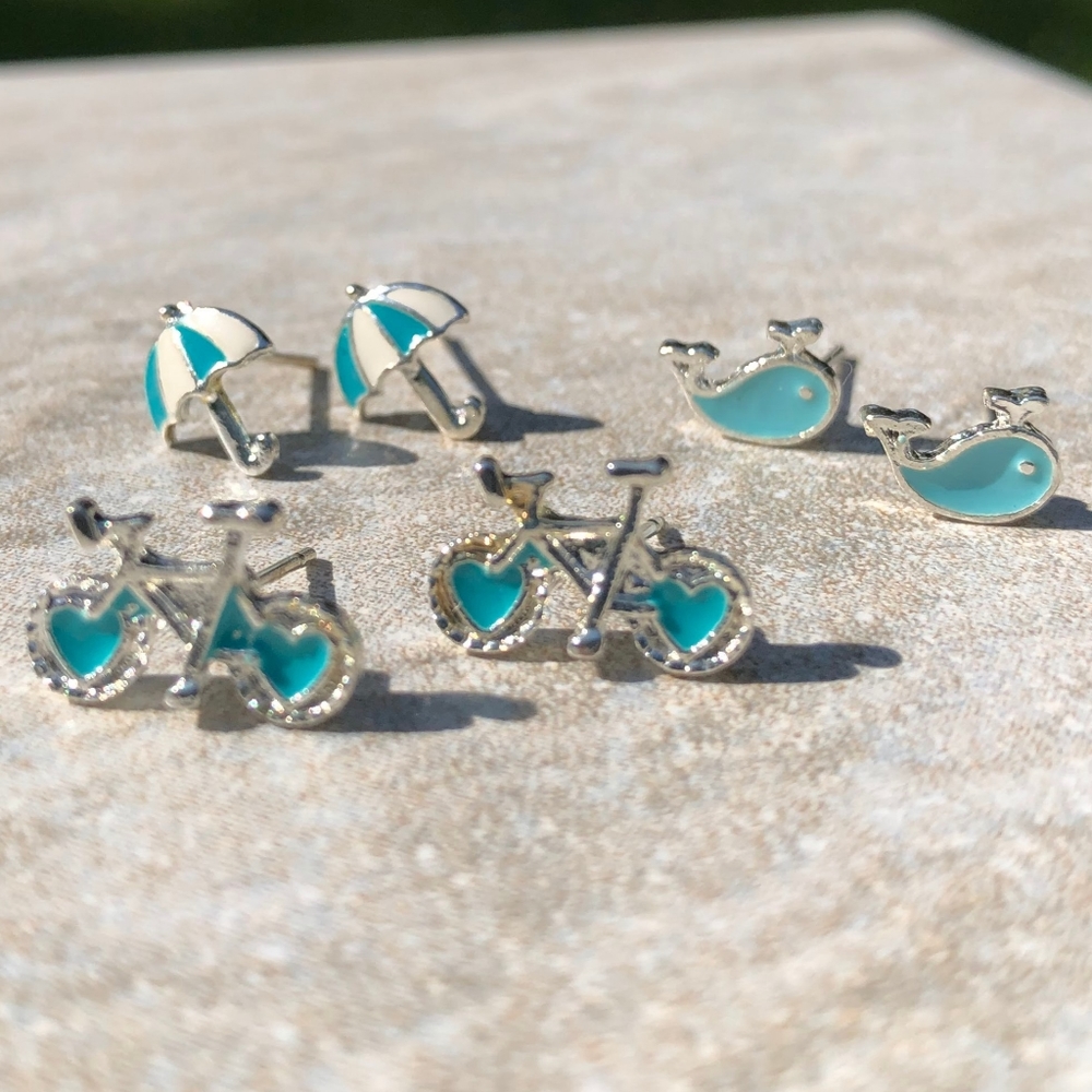 Rainy Day Baby Blue Earring Set Heart Bicycles Whale Umbrella